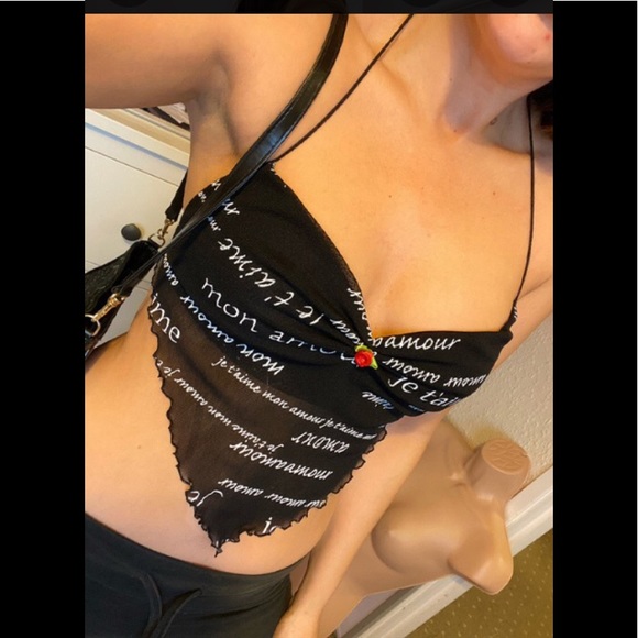 Semi Sheer Asymmetrical Front W/Red Rose Deep V Bilingual Graphic 🌹 Cami Top 🌹 - Picture 8 of 11